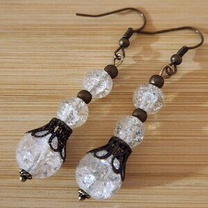 Hand Crafted Earrings Pierced Clear Bronze Beaded Dangle
